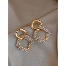 OOMPH Gold Tone Crystal and Pearls Link Fashion Drop Earrings